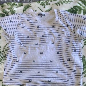 White Crop Top with Black stripes and black cats